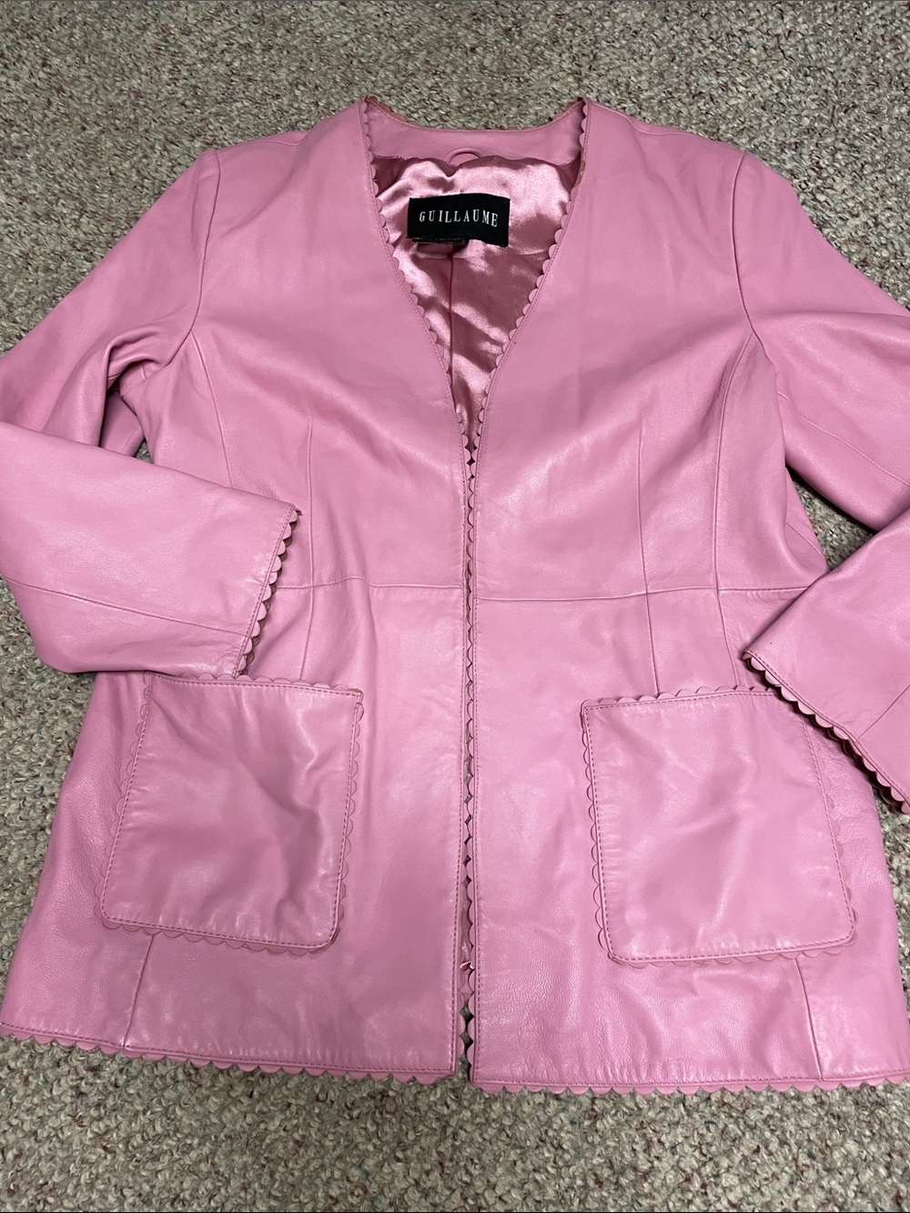 Pink Leather scalloped hem longer cut Jacket for Women